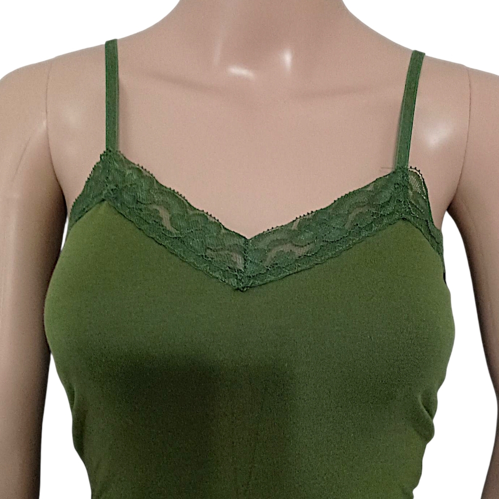 Y2K Lace Trim Fitted Cami Tank Top S Slim Fit Adjustable Straps Long Olive Green - Picture 2 of 16